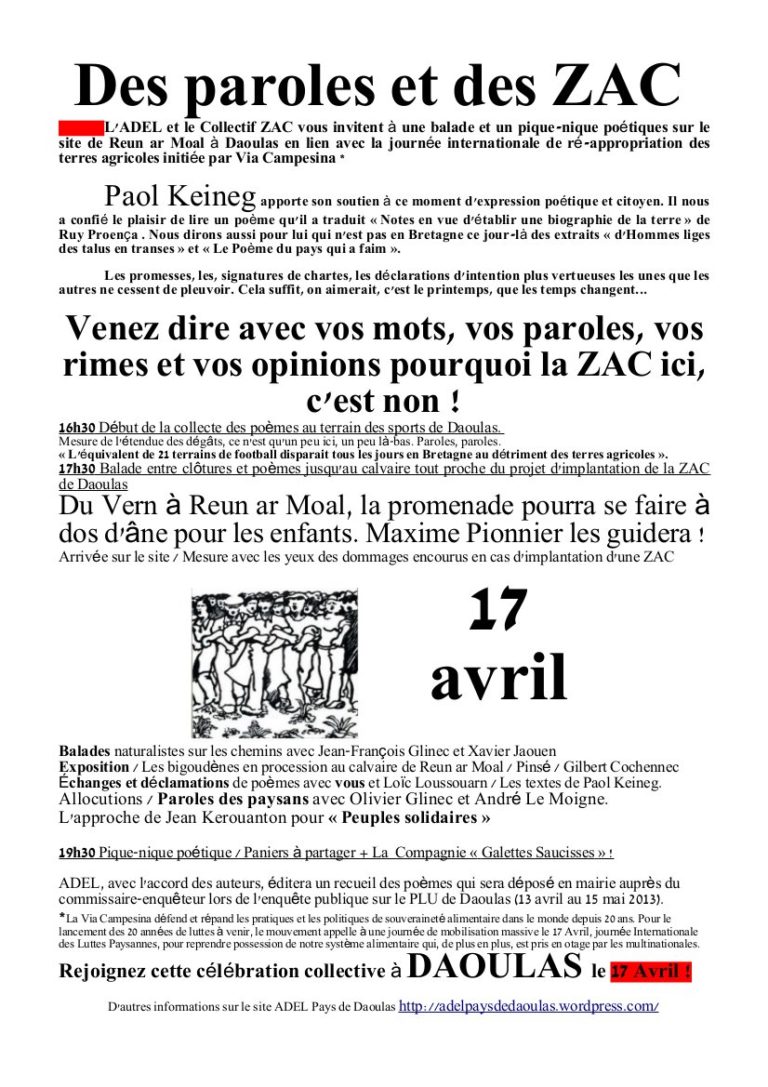 France, 17 avril : des paroles et des ZAC!
